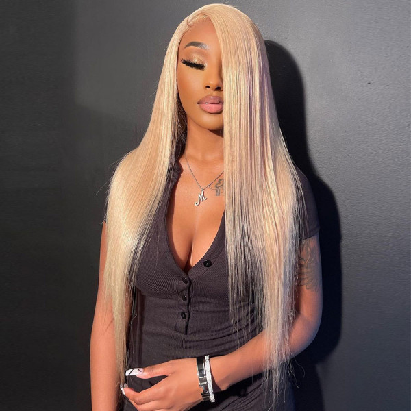 #613 Blonde Virgin Human Hair Invisible Transparent Lace 13x4 Lace Front Wig Pre Plucked (w933)