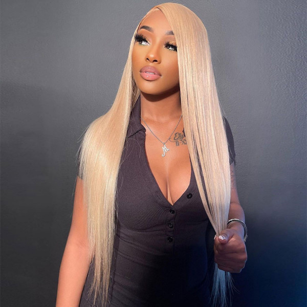 #613 Blonde Virgin Human Hair Invisible Transparent Lace 13x4 Lace Front Wig Pre Plucked (w933)