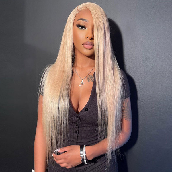 #613 Blonde Virgin Human Hair Invisible Transparent Lace 13x4 Lace Front Wig Pre Plucked (w933)