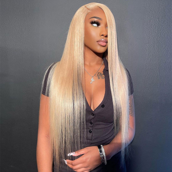 #613 Blonde Virgin Human Hair Invisible Transparent Lace 13x4 Lace Front Wig Pre Plucked (w933)