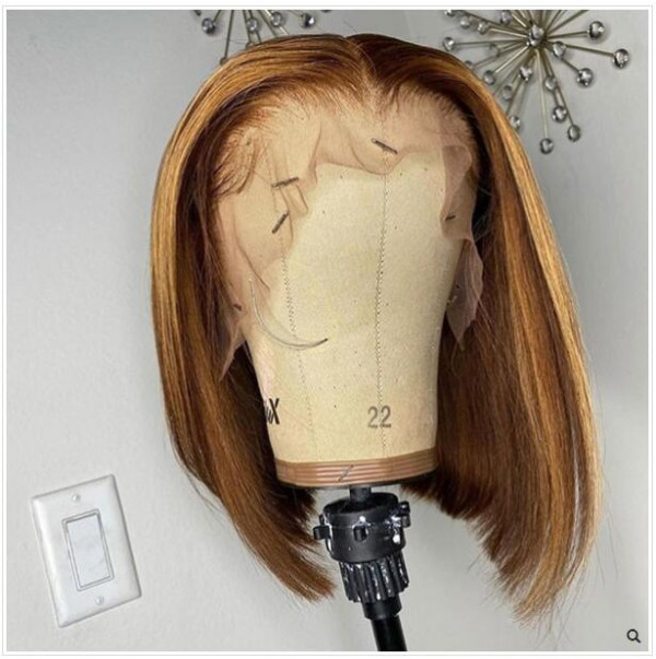 Fashion Ash Brown Highlight Virgin Human Hair Breathable Lace 6x6 Lace Front Bob Wigs Pre Plucked