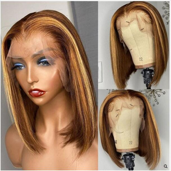 Fashion Ash Brown Highlight Virgin Human Hair Breathable Lace 6x6 Lace Front Bob Wigs Pre Plucked
