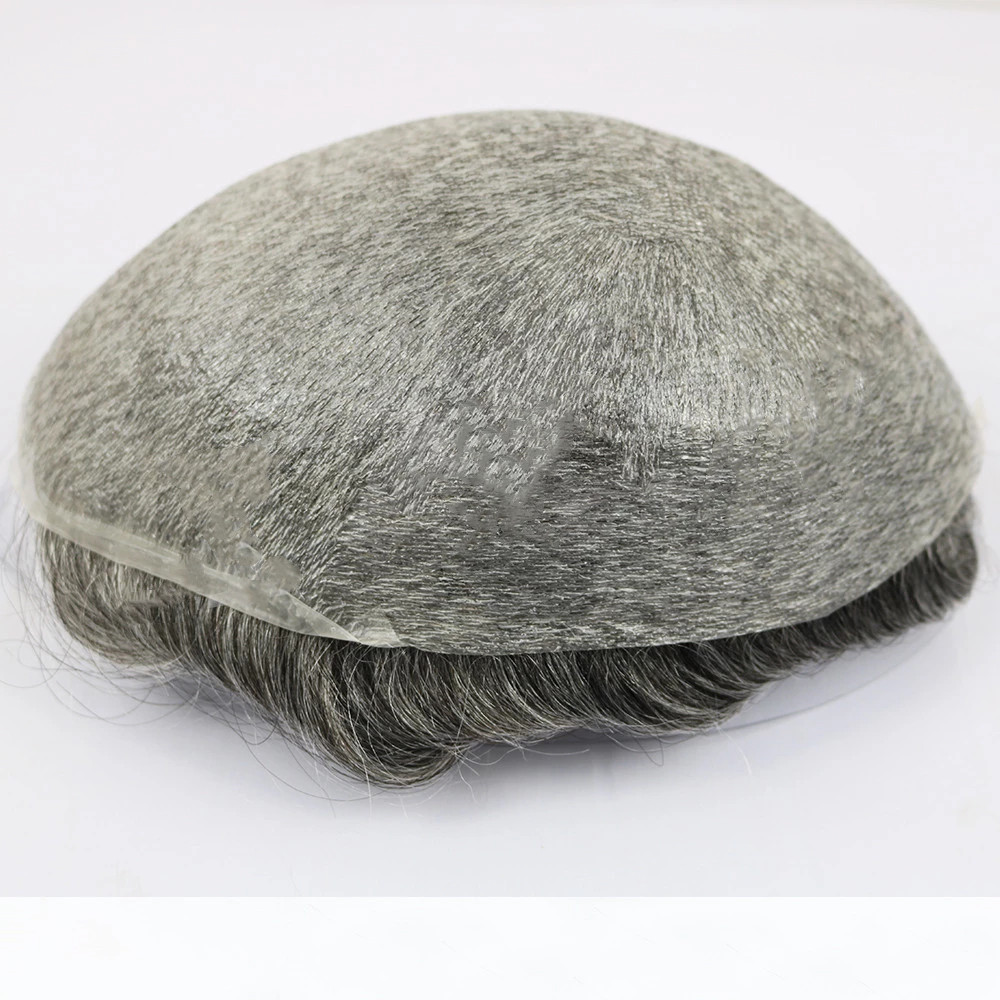 Wholesale Durable Full Skin Pu Base Human Hair Toupee With Grey Hair Natural Hairline #1B80 Hair Pie