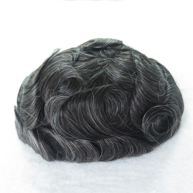 Full Pu Thin Skin Toupee #1B30 With 30% Grey Wig Natural Hairline Men Toupee High Quality Prosthesis